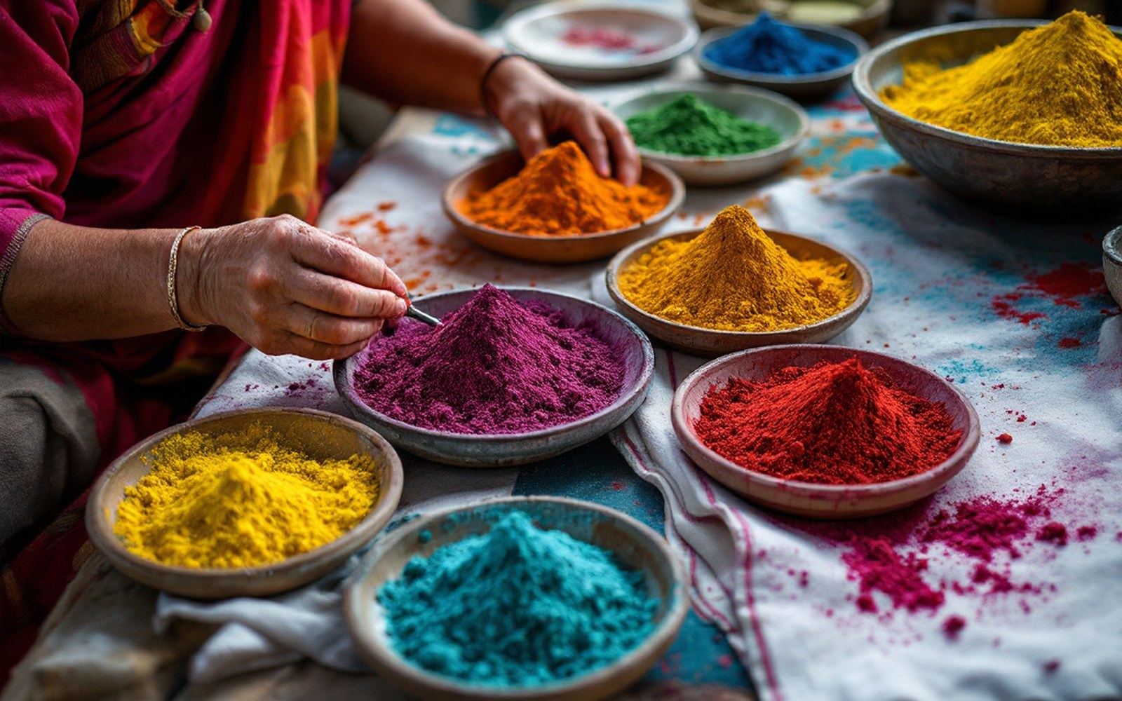 Small dishes of ground mineral pigment in strong colours beside a stretched cotton painting cloth on a low table