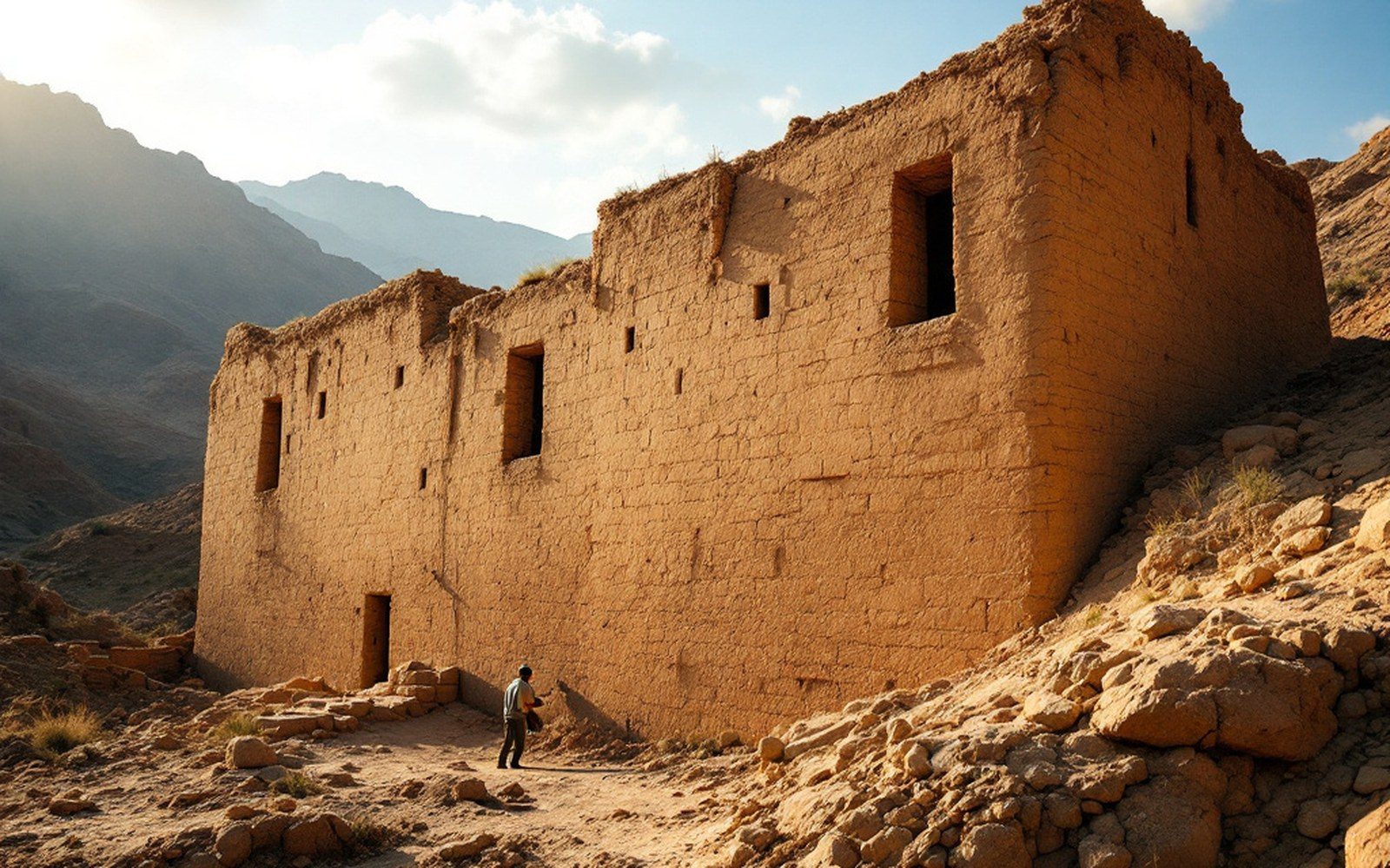 A thick battered earth wall leaning slightly inward with small deep-set windows, raking afternoon light
