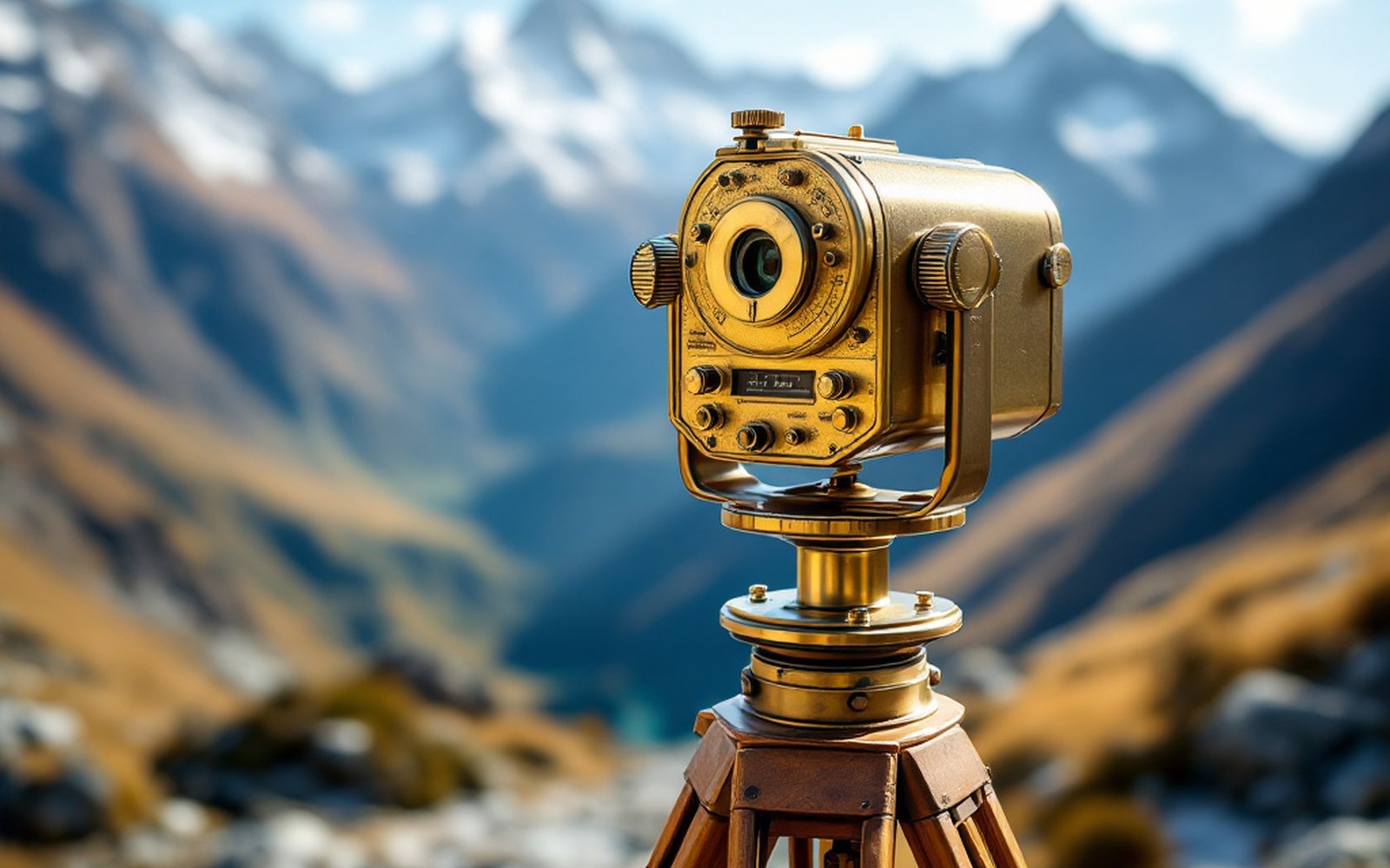 A brass surveying instrument on a wooden tripod set up on open high ground with mountains behind