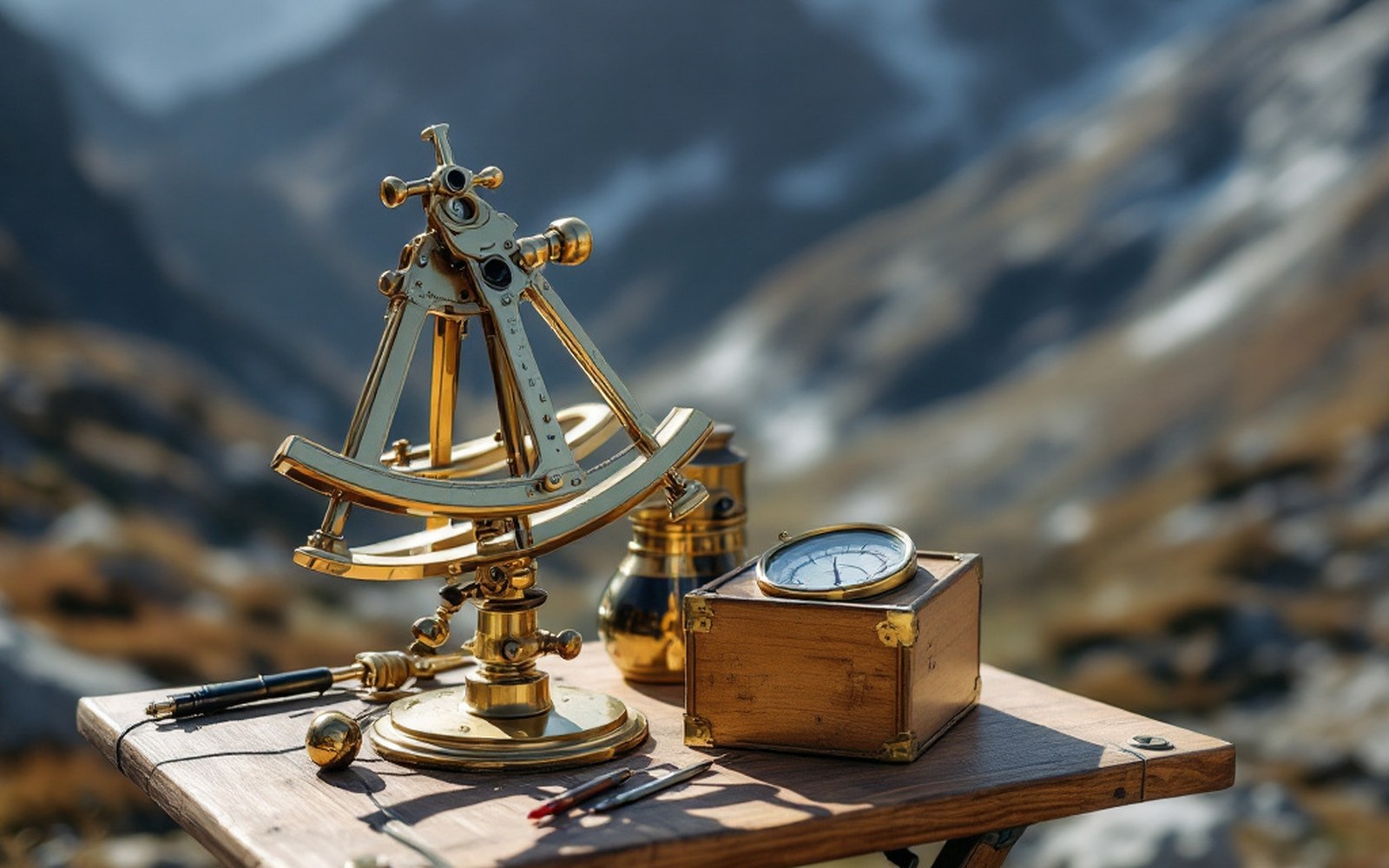 A brass sextant and a boxed thermometer on a folding tripod table outdoors in mountain light