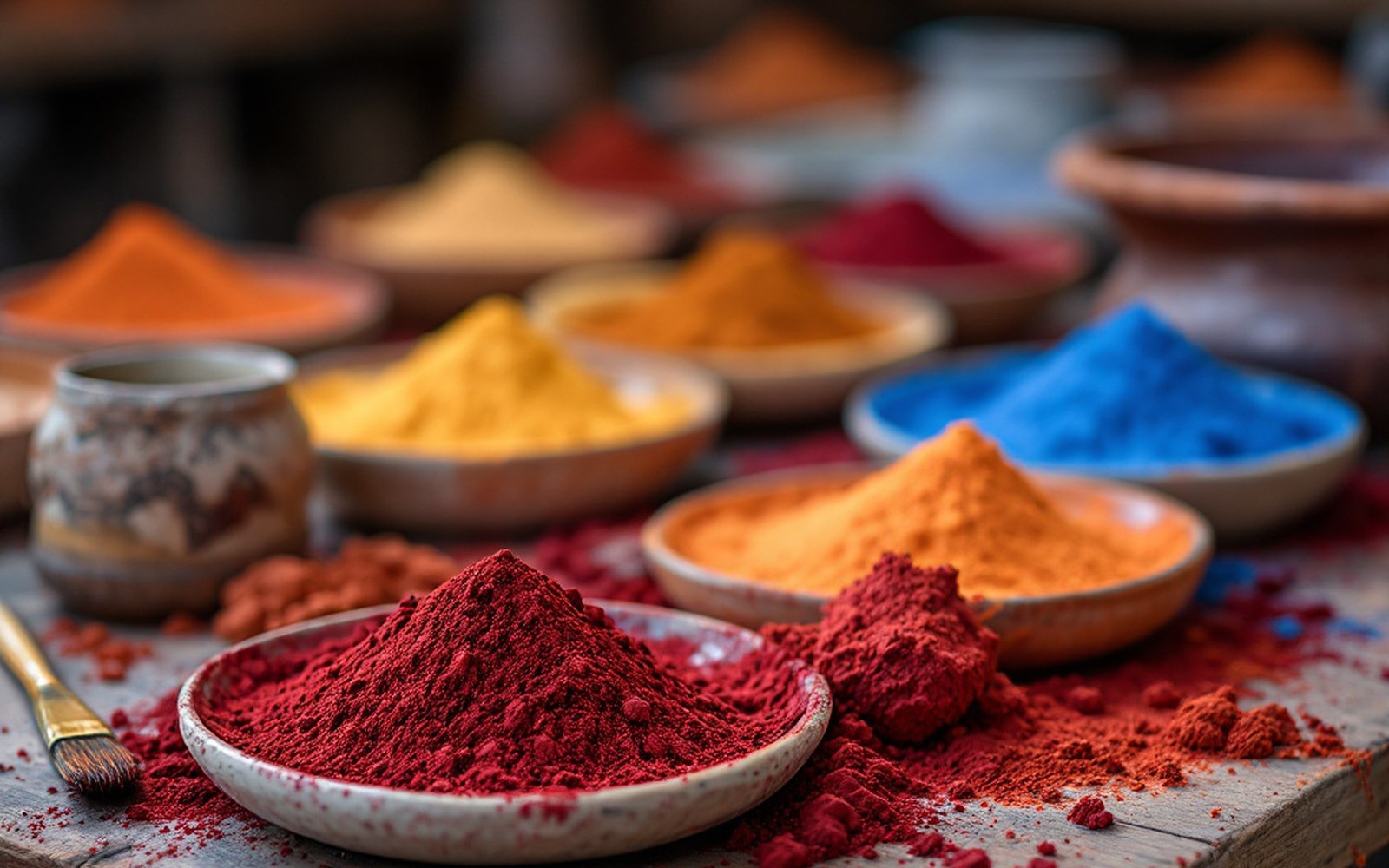 Small ceramic dishes of intensely coloured ground mineral pigment arranged on a wooden table with a brush