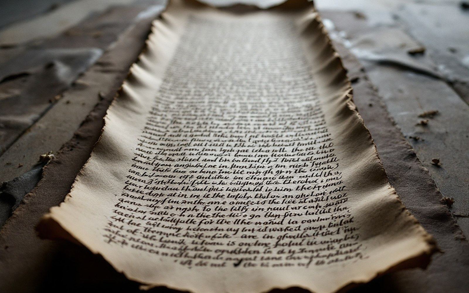 A long narrow manuscript leaf covered in dense handwritten script, laid flat under even light