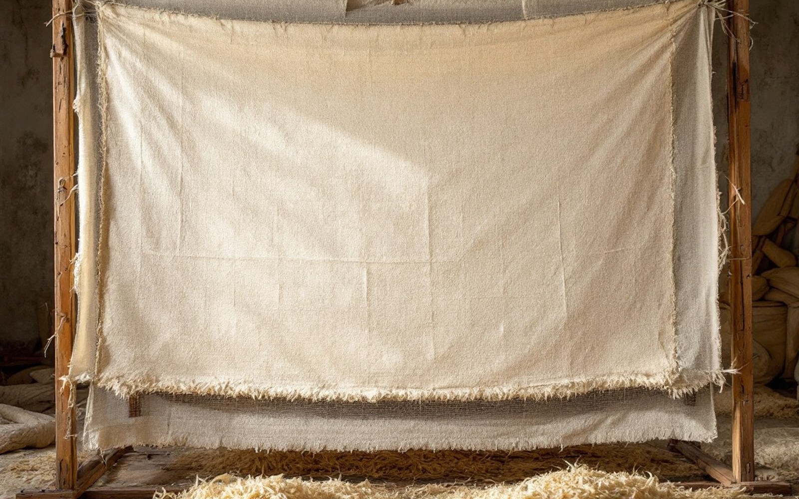 Sheets of thick fibrous handmade paper drying on a frame with the fibres visible against the light