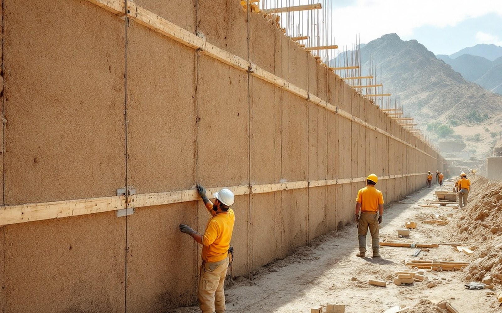 A rammed earth wall under construction showing horizontal lift lines and timber shuttering still in place