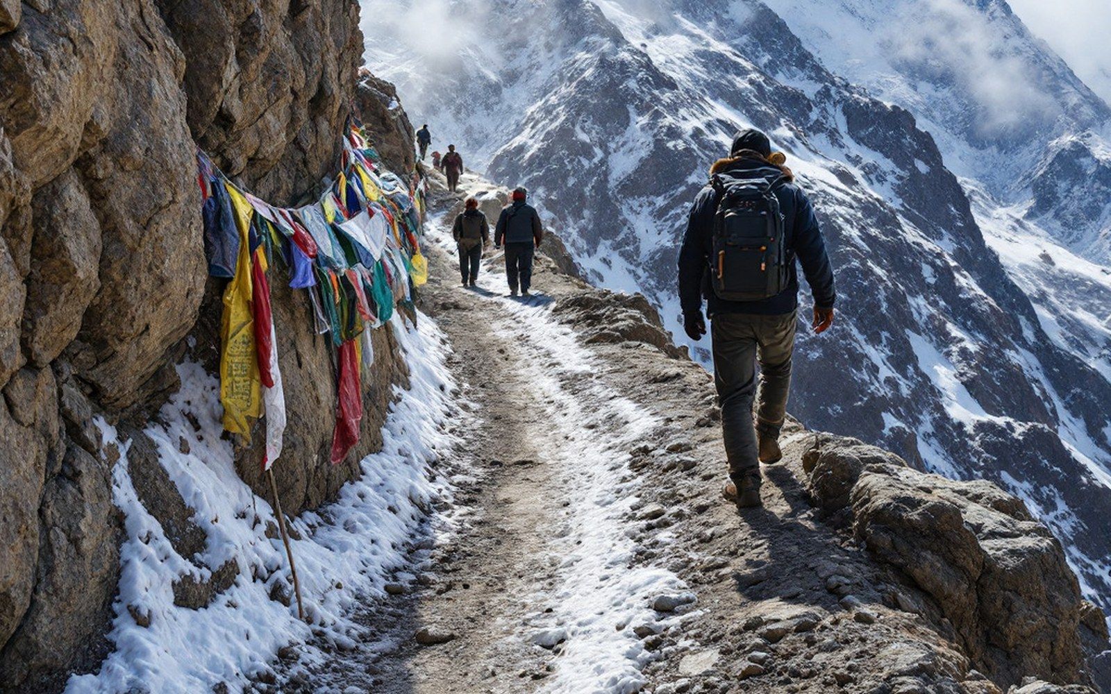 A high mountain pass with a rough track winding over it and prayer flags absent, bare rock and snow patches, hard light