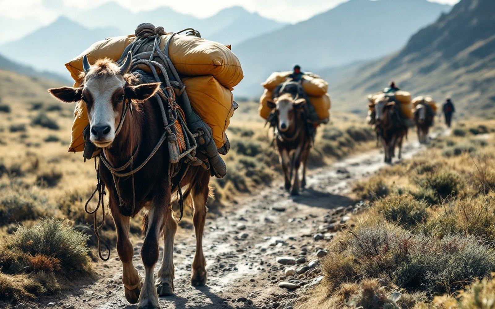Loaded pack animals on a track across open high ground with bundles roped over their backs