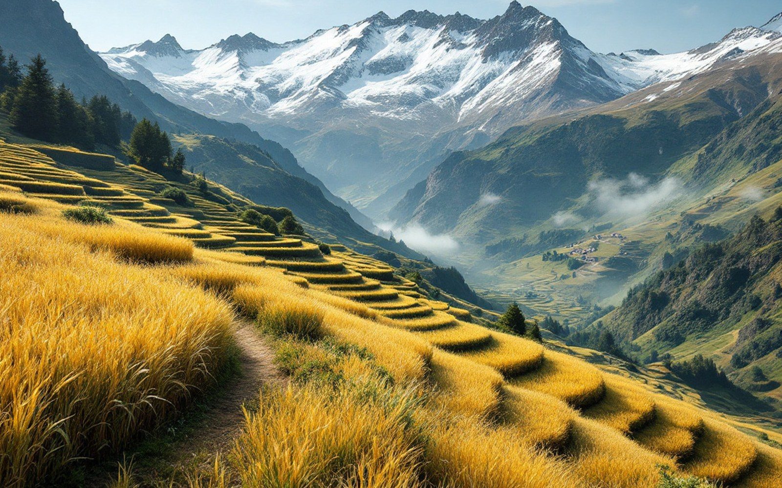 A small terraced barley field ripening on a valley shoulder with bare mountain above it