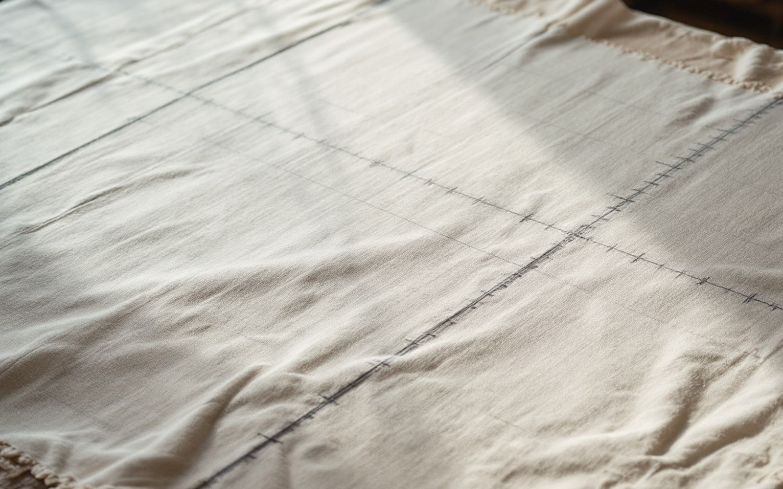 A stretched cloth with a fine ruled grid drawn across it in faint lines and a straight edge lying on top
