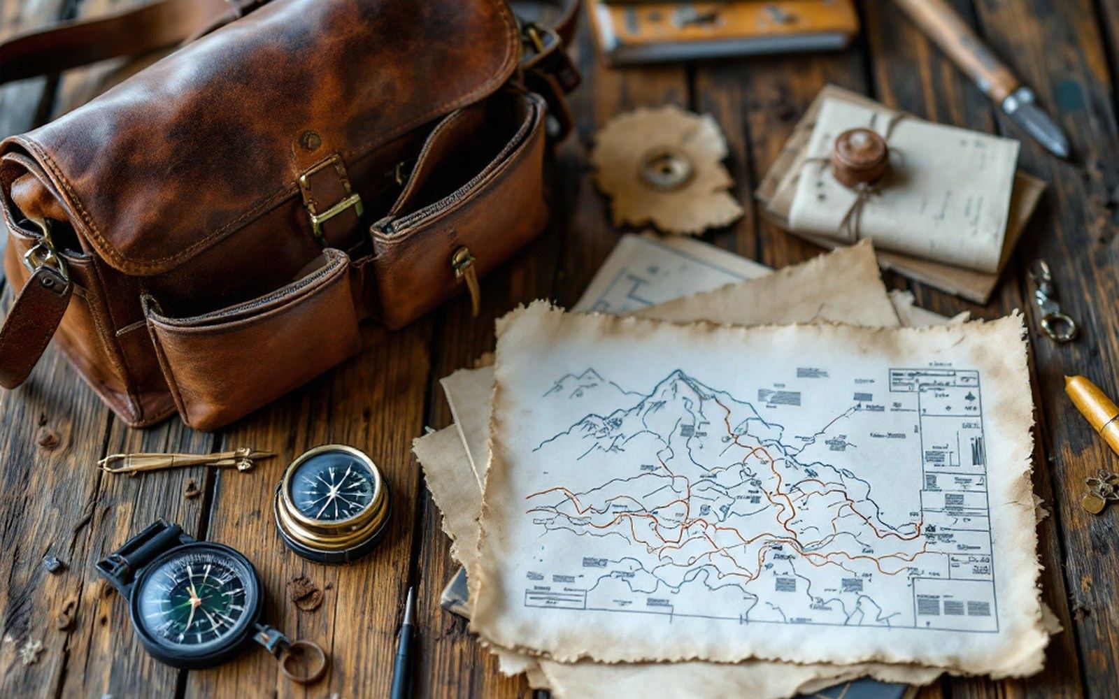 A worn leather satchel, a compass and a folded hand-drawn route sketch laid out on a wooden table