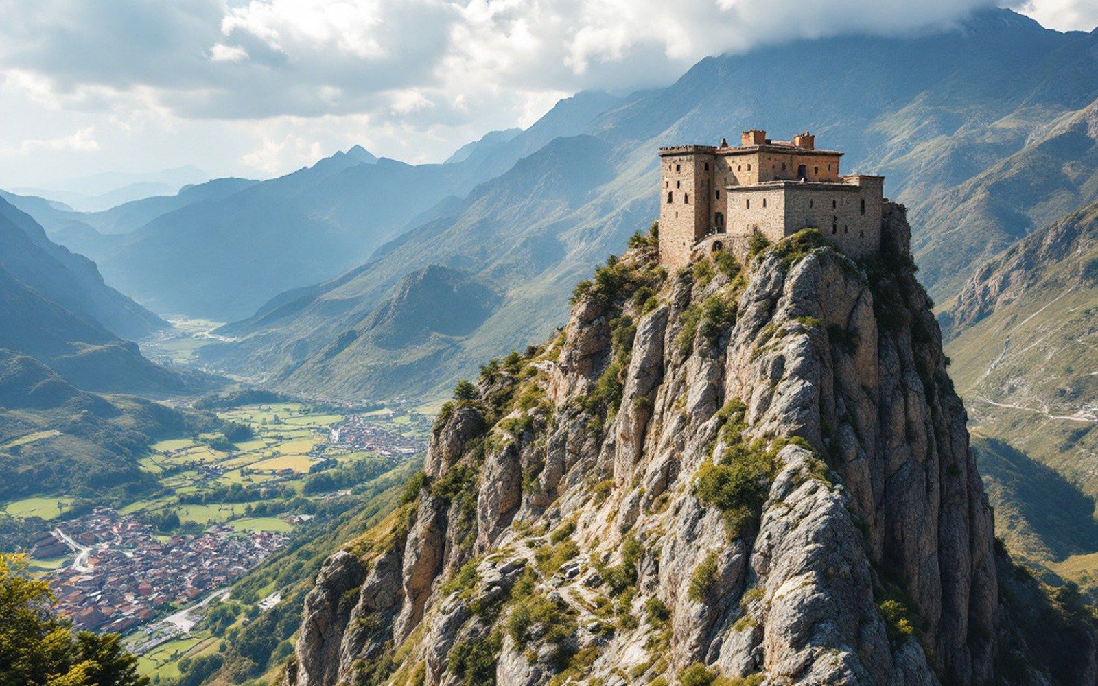 A tall fortified stone building standing on a rocky spur above a valley, seen from below