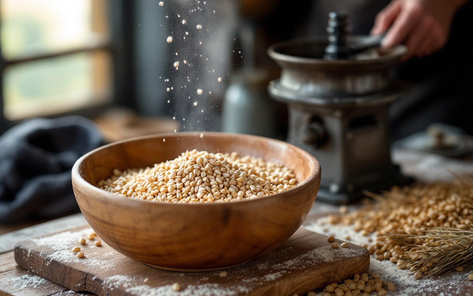 Roasted barley grain and a bowl of pale flour on a wooden board beside a hand grinder