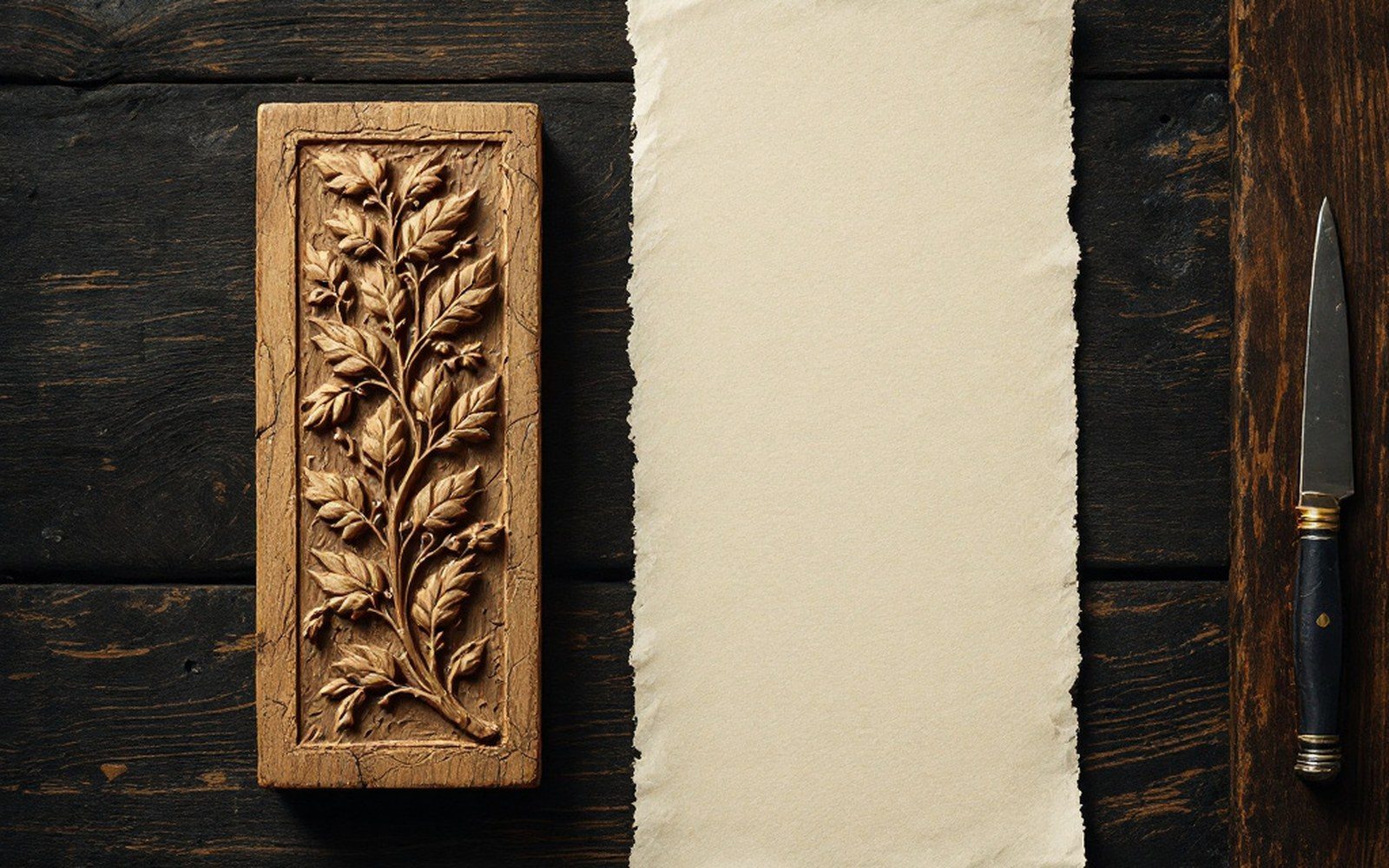 A carved wooden printing block lying face up beside a long narrow printed paper leaf