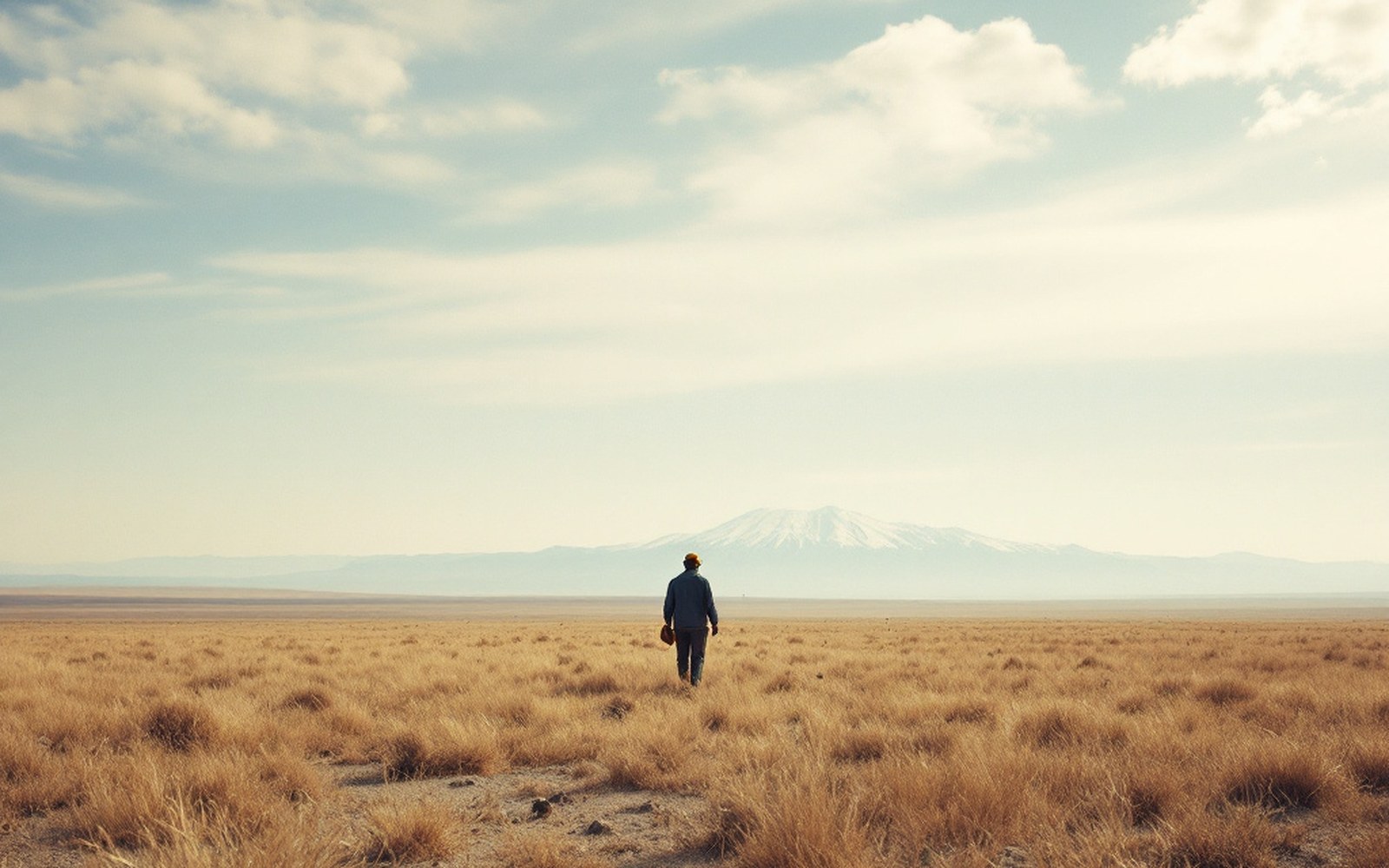 A vast high plateau of dry grassland under a huge sky with a distant snow range on the horizon and nothing built in sight
